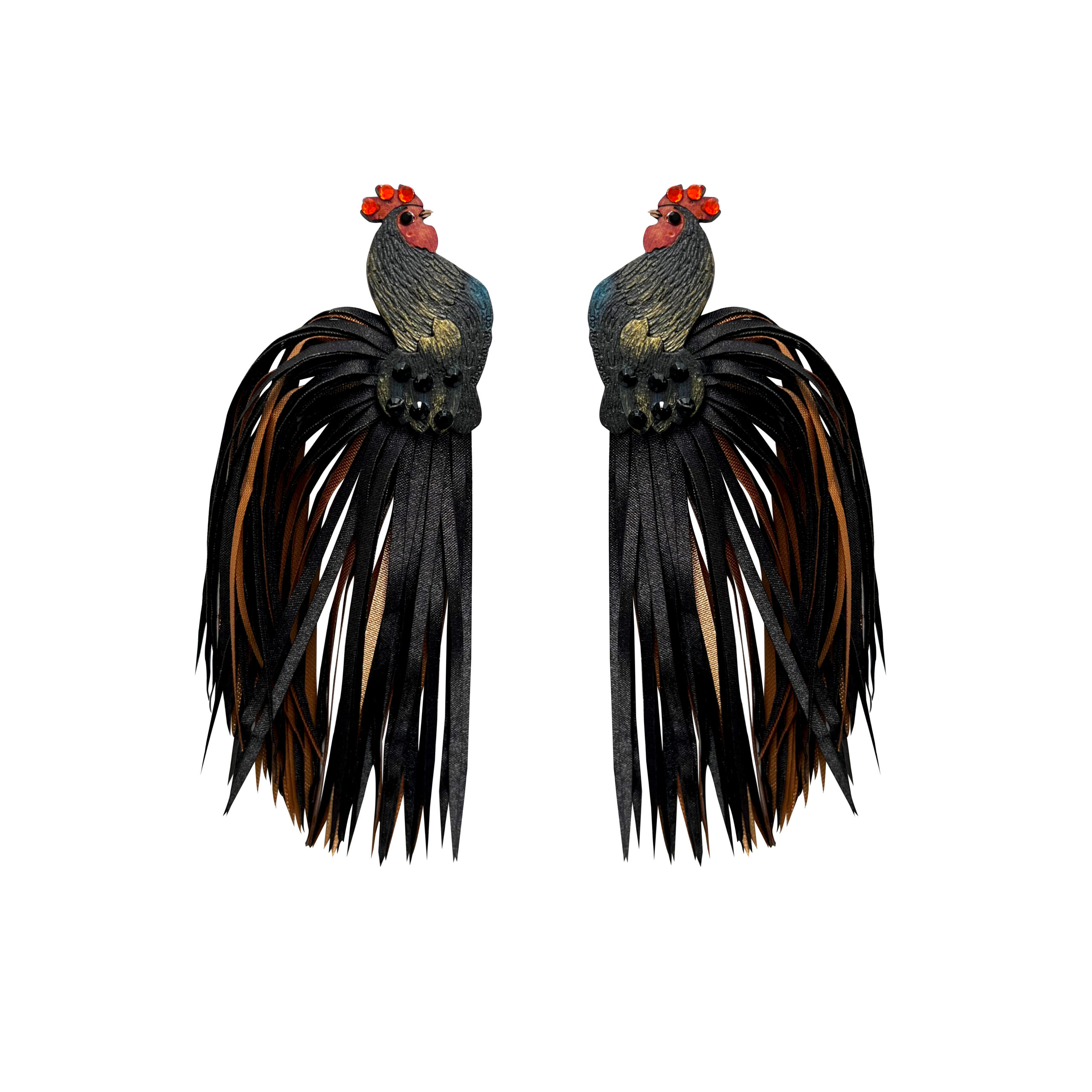 Aretes Gallo Cola De Tela Negro